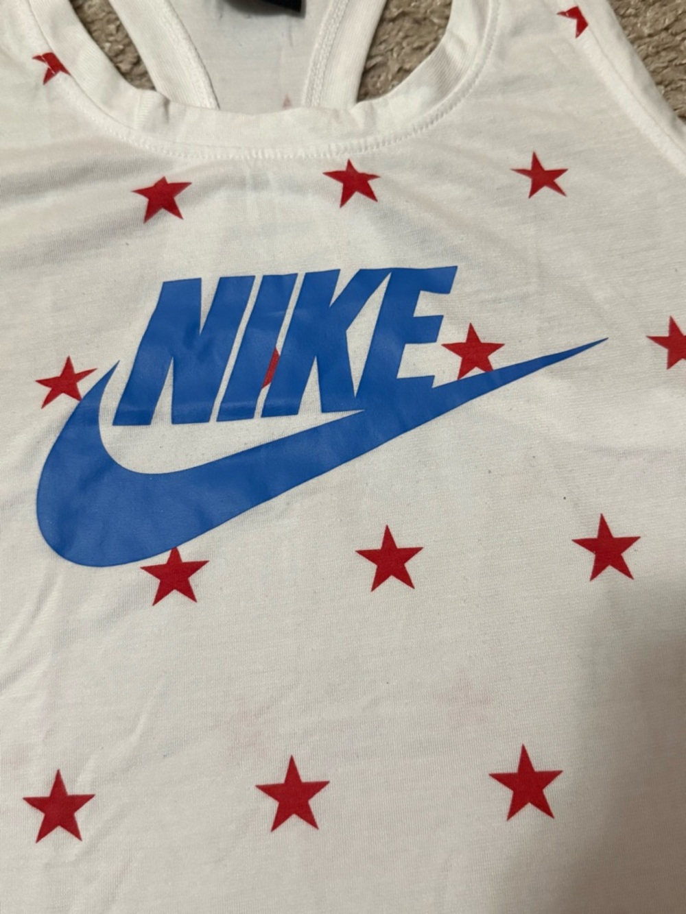 Nike White Tank with Blue Swoosh and Red Star Pattern - Picture 2 of 4